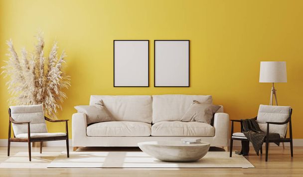 Marco de imagen en blanco maqueta en el interior de la habitación amarilla, 3d renderizado - Foto, Imagen