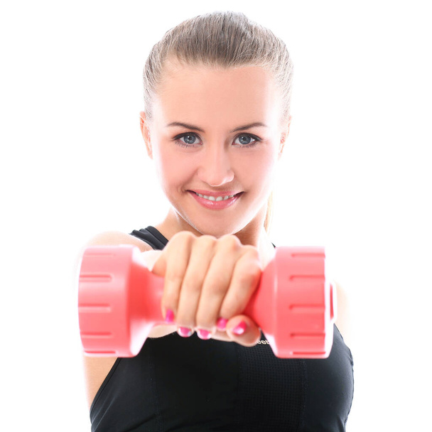 Mulher feliz fazendo exercícios com halteres sobre fundo branco
 - Foto, Imagem