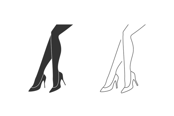 Ilustração de um vetor monocromático de pernas de mulher com conjunto de ícones de linha de sapato, isolado em um fundo branco - Vetor, Imagem