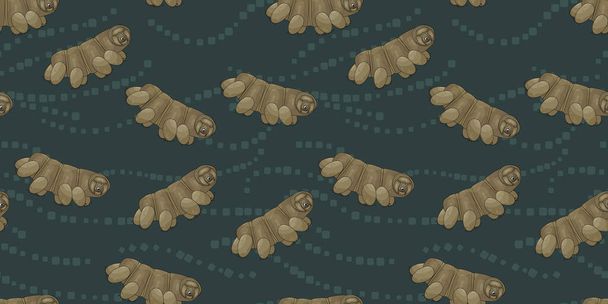 Marrón o amarillo lindo Tardígrado, osos de agua o lechones de musgo vector repetir patrón sin costura sobre fondo azul oscuro - Vector, imagen