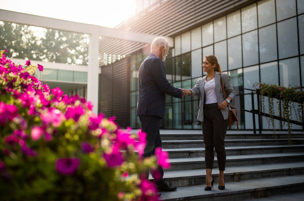 Homem de negócios sênior acolher jovem colega mulher e apertar as mãos em frente ao prédio de escritórios em escadas - Foto, Imagem