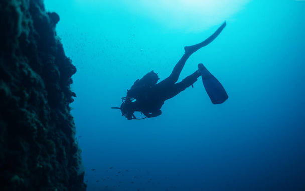 Hombre buceando bajo el agua con fondo rocoso - Foto, Imagen