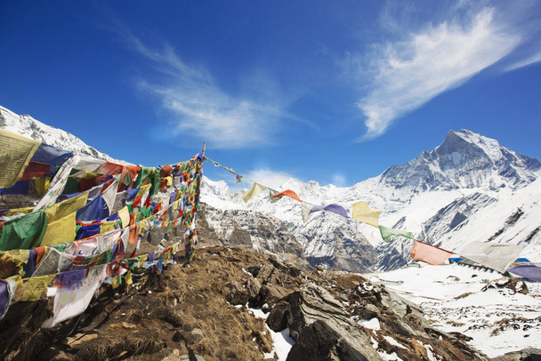 Cime dell'Himalaya. Vista del picco di Machapuchare dal campo base di Annapurna - Foto, immagini