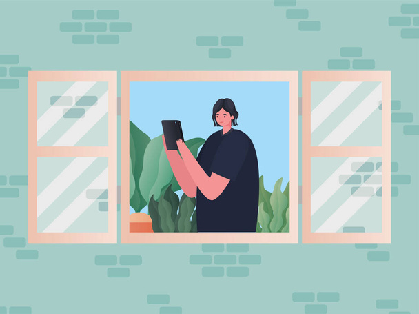 donna con tablet che lavora al design vettoriale della finestra - Vettoriali, immagini