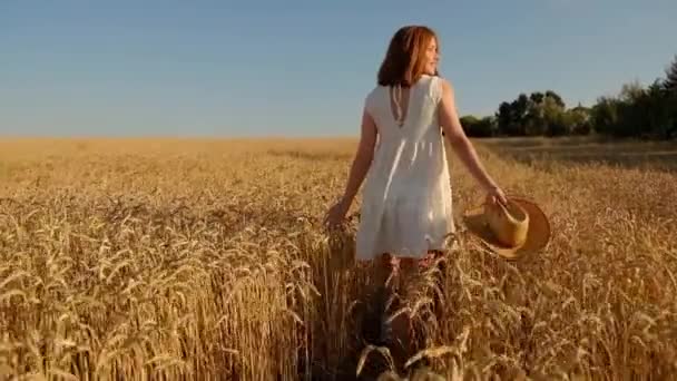 a young girl happily walks in slow motion along a yellow field, touching the ears of wheat with her hands, tossing up her hat. Beautiful carefree woman enjoying nature. - Materiał filmowy, wideo