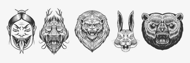 Grizzly bear, lion and Hare. Screaming mad Leo and rabbit. Chinese dragon. Japanese woman snake. Animal for tattoo or label. Roaring beast. Engraved hand drawn line art Vintage old monochrome sketch.  - Vector, Image