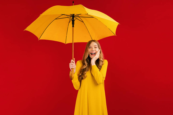 Shocked happy beautiful young woman, with a yellow umbrella on a red background, autumn concept - Fotografie, Obrázek