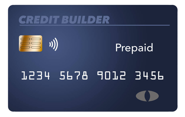 Εδώ είναι ένα μπλε προπληρωμένο κτίριο πίστωσης ή πιστωτική επισκευή πιστωτικής κάρτας. Είναι μια εικονική γενική κάρτα που απομονώνεται σε λευκό φόντο - Φωτογραφία, εικόνα
