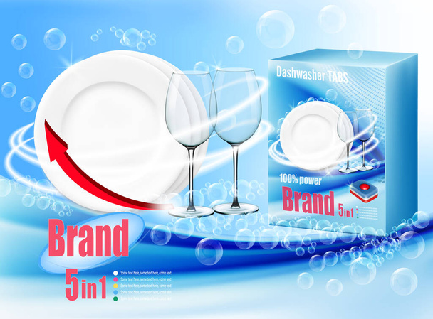 Stack of clean plates and two glasses  in soap foam and bubblies and packing with dishwasher detergent tabs. Realistic dishware  for dishwashing detergent advertising design. Vector - Vetor, Imagem