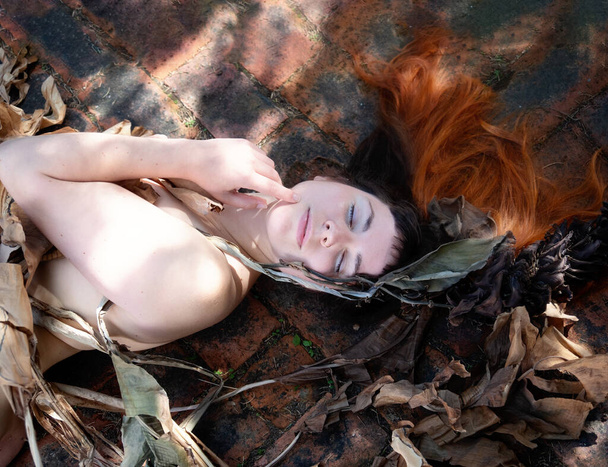 Portrét mladé sexy ženy s hnědými vlasy umně ležící mezi listy suchého, zvadlého dekorativního banánového stromu, v zahradě na cestě z cihel, kopírovací prostor. - Fotografie, Obrázek