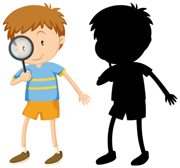 Jongen met vergrootglas in kleur en silhouet illustratie - Vector, afbeelding