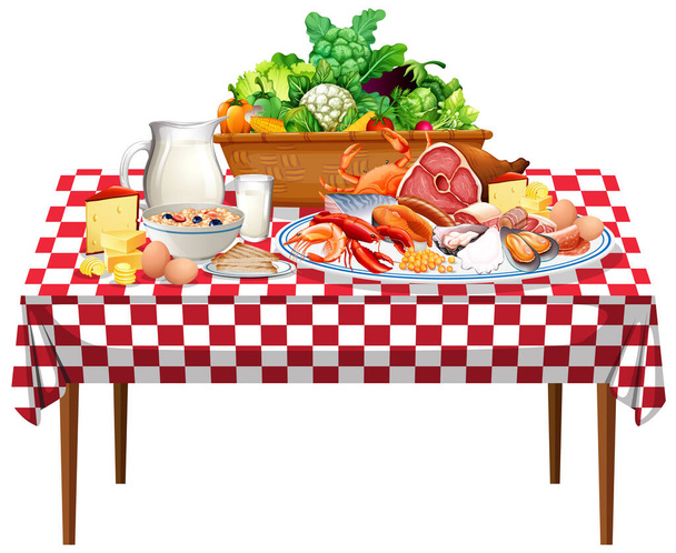 Alimentos frescos o grupos de alimentos en la mesa con ilustración de mantel a cuadros - Vector, Imagen