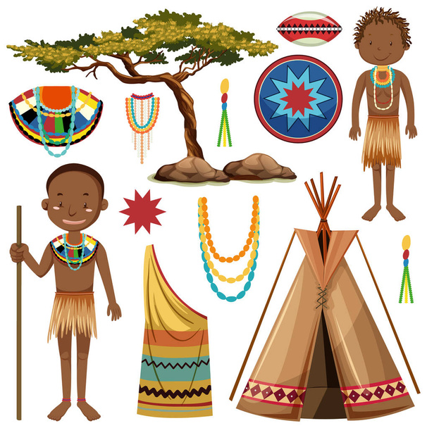 Peuple ethnique des tribus africaines en vêtements traditionnels illustration isolée - Vecteur, image