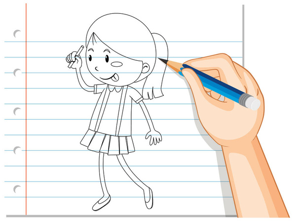 Χειρόγραφο χαριτωμένο κορίτσι περίγραμμα εικονογράφηση - Διάνυσμα, εικόνα