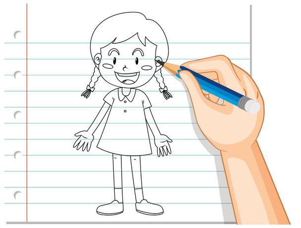 Écriture à la main de fille mignonne illustration de contour - Vecteur, image