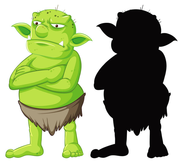 Goblin oder Troll in Farbe und Silhouette in Cartoon-Figur auf weißem Hintergrund - Vektor, Bild