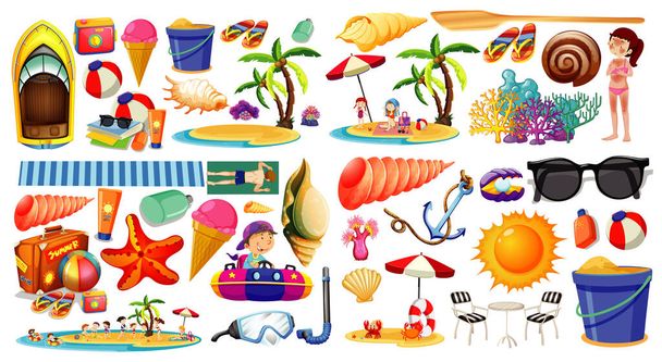 Conjunto de verão ícone de praia estilo dos desenhos animados sobre fundo branco ilustração - Vetor, Imagem