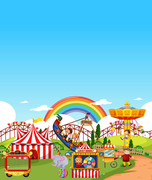 Дневная сцена в парке развлечений с чистым ярко-голубым небом - Вектор,изображение