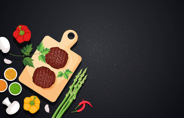 Verdure a base di carne sulla tavola nera di cottura Illustrazione dello sfondo della cucina - Vettoriali, immagini