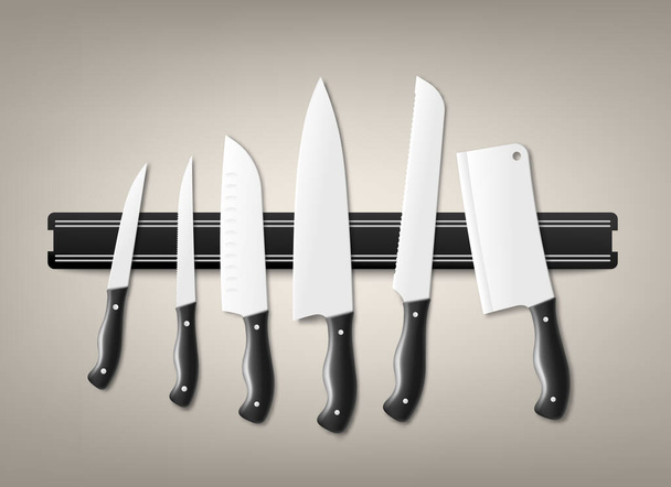 KIt of kitchen cutlery knives hanging realistic vector illustration isolated. - Vektör, Görsel