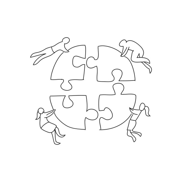 Эскиз группы, собирающей головоломку. Концепция командной работы - Фото, изображение