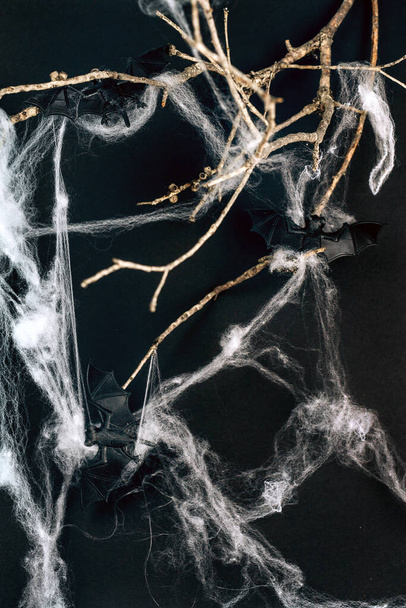 Μικρά παιχνίδια νυχτερίδες σε ξηρό κλαδί δέντρο με δίχτυ αράχνης για Απόκριες - Φωτογραφία, εικόνα