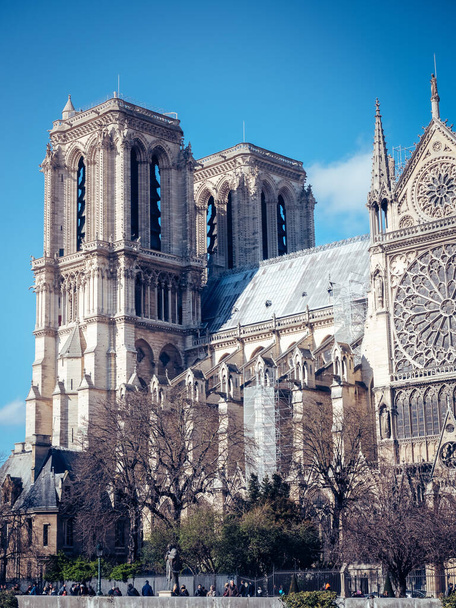 A beautiful vertical shot of the Notre Dame Cathedral on a bright day - Foto, Imagem