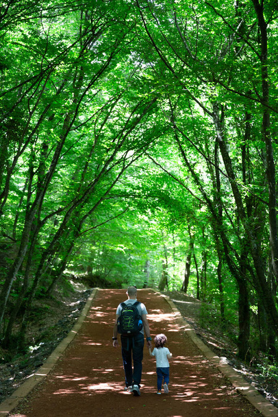 Πατέρας κουβαλώντας σακίδιο και γιο κρατώντας τα χέρια, περπατώντας μαζί σε ένα μονοπάτι στο δάσος, στο δάσος του Μπέλγκραντ, στην Κωνσταντινούπολη, Τουρκία - Φωτογραφία, εικόνα