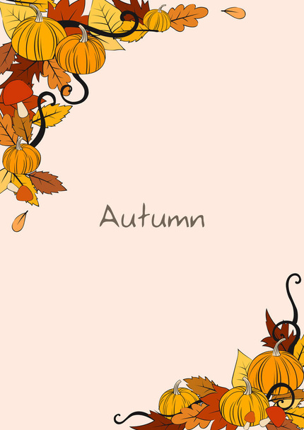秋祭りの装飾のためのカボチャ、葉やキノコのフレームベクトル. - ベクター画像