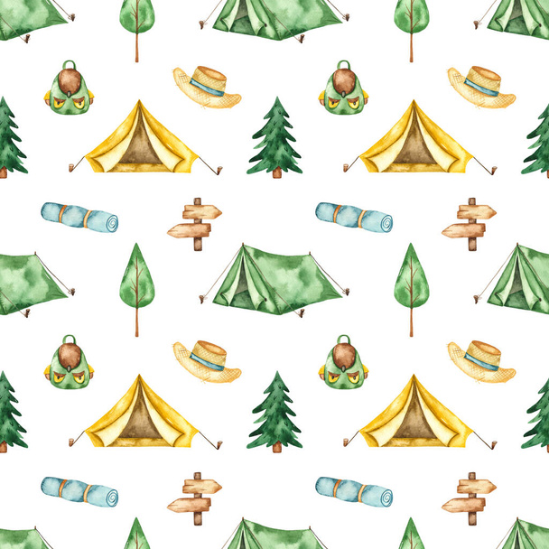 Çadır, çam ağacı, sırt çantası, işaret, halı. Beyaz arkaplanda suluboya desenli kamp yapmak - Fotoğraf, Görsel