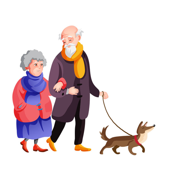Stará rodina procházky na podzim ulice spolu s psí vektor kreslené ilustrace. Dědeček a babička v podzimním oblečení jsou chůze venku izolované - Vektor, obrázek