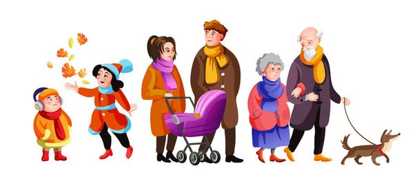 Grande famiglia a piedi in autunno strada insieme vettore cartone animato illustrazione. Carino nonni, genitori, bambini e cane trascorrere del tempo all'aperto isolato - Vettoriali, immagini