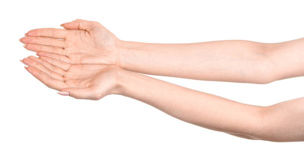 ジェスチャーを示す女性の白人女性の手は何かを保持するか、または取る、与える。異なるジェスチャーを示す女性の手は - 写真・画像