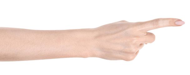 Weibliche kaukasische Hände isoliert weißen Hintergrund zeigt Geste zeigt den Finger auf etwas oder jemanden. Frauenhände zeigen unterschiedliche Gesten - Foto, Bild