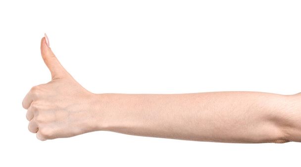 Manos caucásicas femeninas aisladas fondo blanco mostrando gesto pulgar hacia arriba, aprobación. manos de mujer mostrando diferentes gestos - Foto, imagen