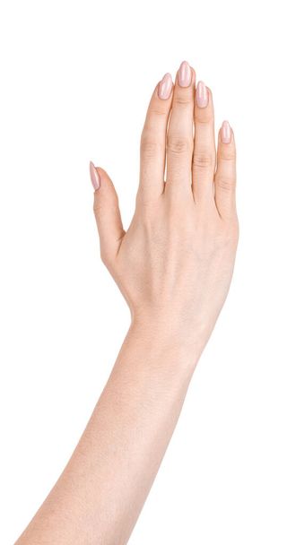 Kobieta kaukaskie ręce odizolowane białe tło pokazuje różne gesty palca. kobiece dłonie wykazujące różne gesty - Zdjęcie, obraz