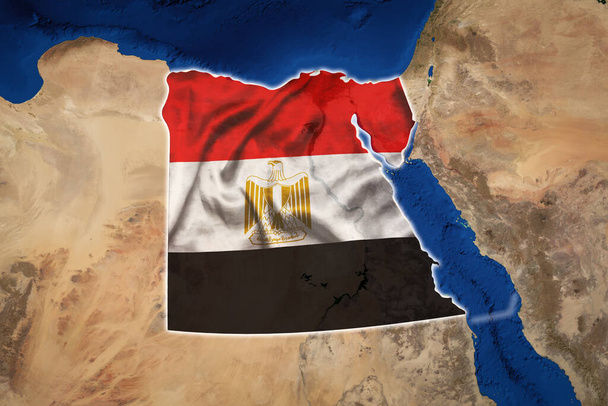 Χάρτης της Αιγύπτου, θέα από το διάστημα με ενσωματωμένη εθνική σημαία. Στοιχεία εικόνας ευγενική προσφορά της NASA. 3D απεικόνιση - Φωτογραφία, εικόνα