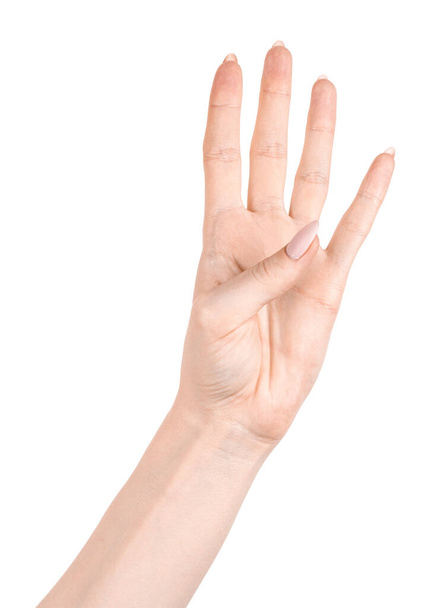 Vrouwelijke blanke handen geïsoleerde witte achtergrond tonen verschillende vinger gebaren. vrouw handen tonen verschillende gebaren - Foto, afbeelding