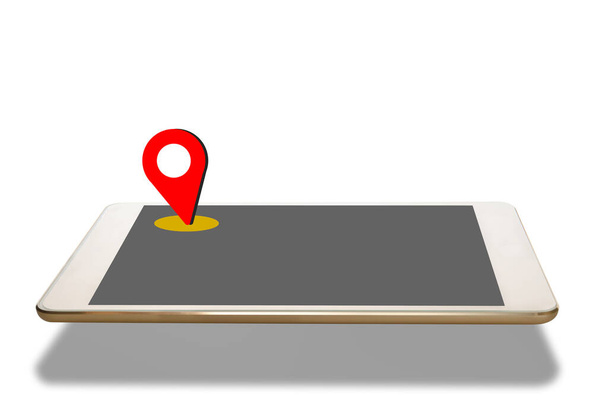 Czerwony globalny pin pozycjonujący na pustym ekranie tabletu na białym tle. Koncepcja inteligentnej technologii i sztuczna inteligencja - Zdjęcie, obraz