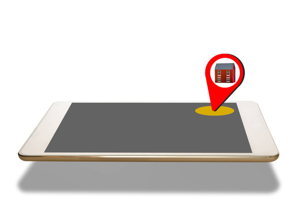 Pin de posicionamiento global rojo en la dirección del hogar en la pantalla de la tableta en blanco sobre fondo blanco. Concepto de tecnología inteligente e idea de inteligencia artificial - Foto, Imagen