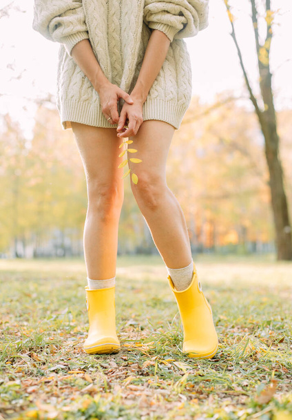 Sonbahar sarı yaprağı parka düştü kavramsal kız. - Fotoğraf, Görsel