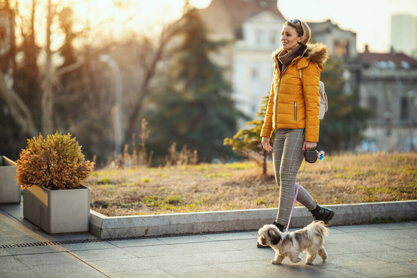 Piękna młoda kobieta mody spędza czas z jej cute pet dog, spacery wzdłuż ulicy miasta.  - Zdjęcie, obraz