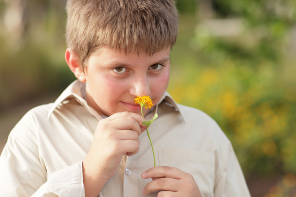 Niño pequeño oliendo una flor
 - Foto, Imagen