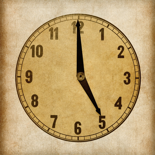 Textured old paper clock face showing 5 o'clock - Photo, image