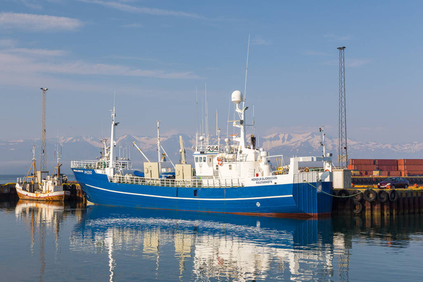 Husavik, Iceland- 25 August 2015: Cutters moored in port, currently used for whale watching voyages. - Photo, Image