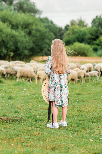 Una bambina in abito alla moda e con un cappello in mano posa su un campo dove pascolano greggi di pecore. Foto verticale - Foto, immagini