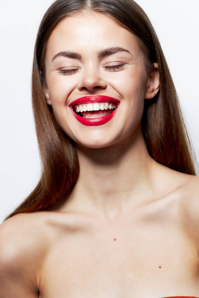 Girl natural look Bare shoulders closed eyes smile - Photo, Image