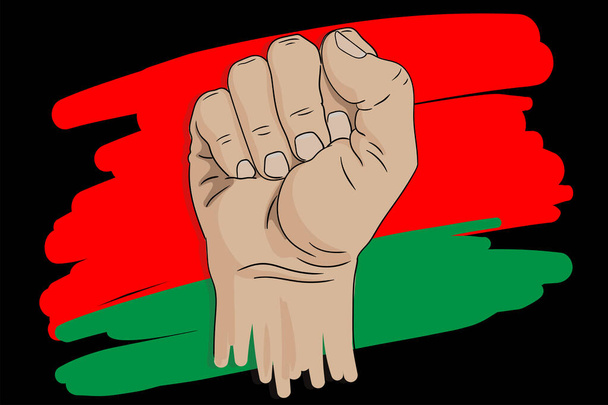 Una mano que demuestra un gesto de llamar a la lucha contra el trasfondo de la bandera del Estado bielorruso. - Vector, imagen