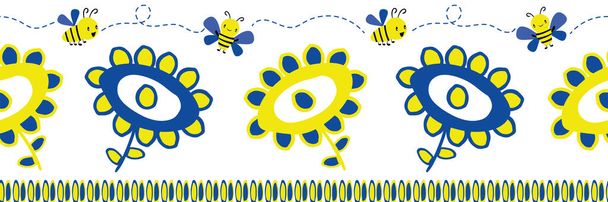 Söpö lapsenomainen piirustus kukkia ja kawaii tyyli mehiläisten vektori rajan. Banner keltainen, koboltin sininen raapustettu kukka ja lentävät hyönteiset vikoja valkoisella taustalla. Käsin piirretty muotoilu. Nauhaa varten, särmäys - Vektori, kuva