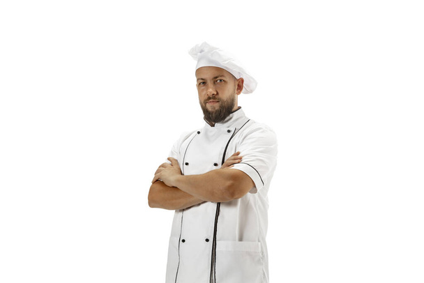 Cooker, chef, baker in uniform isolated on white background, gourmet. - Zdjęcie, obraz